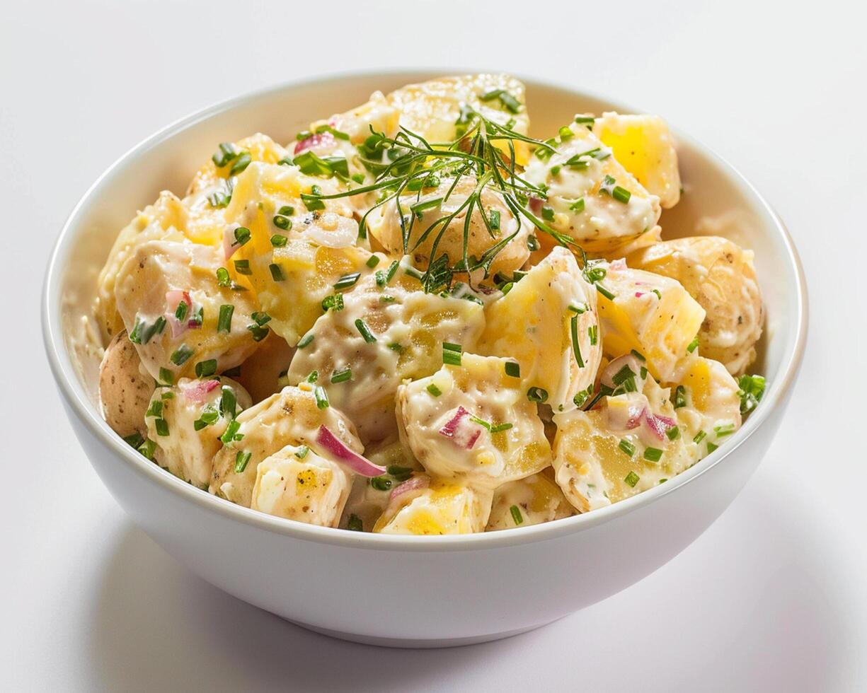 a bowl of potato salad with herbs and cheese photo