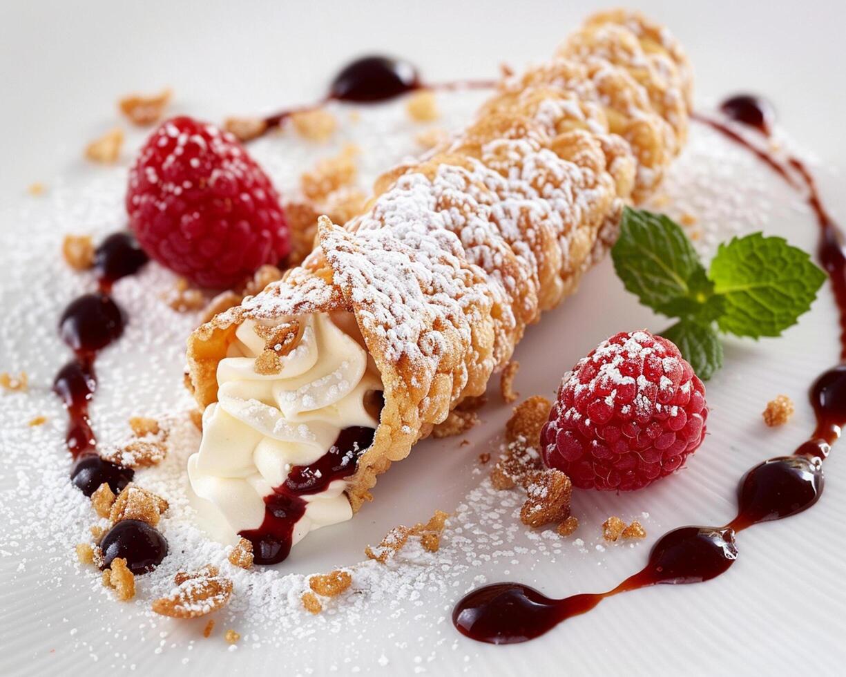 a dessert with cream and raspberries on a white plate photo