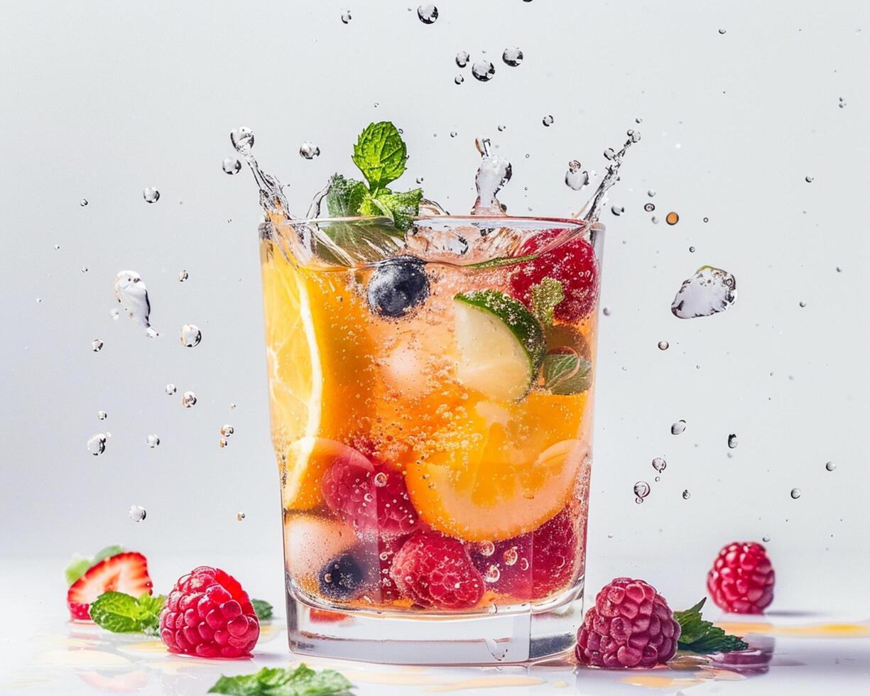 a glass of fruit juice with water splashing on it photo