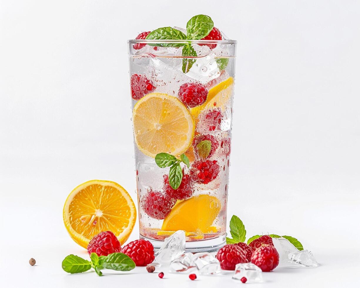 a glass of water with raspberries, mint and lemon photo