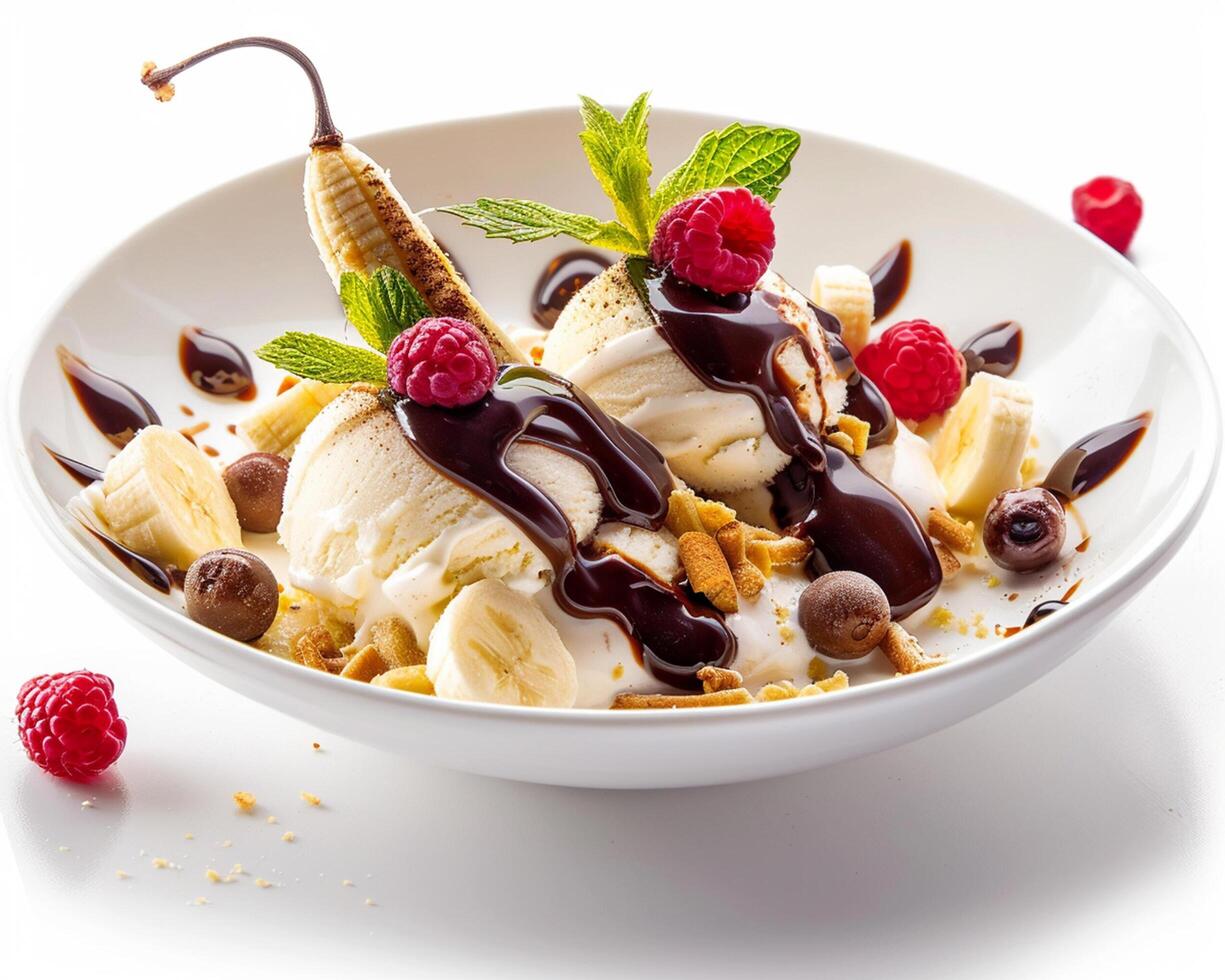 a bowl of ice cream with bananas, raspberries and chocolate sauce photo