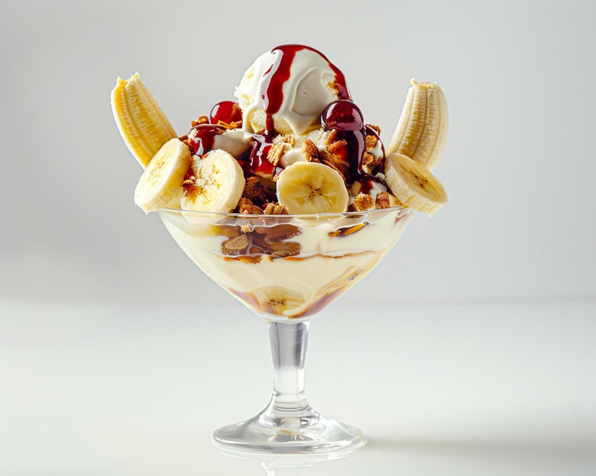 a glass dessert with ice cream, bananas, and syrup photo