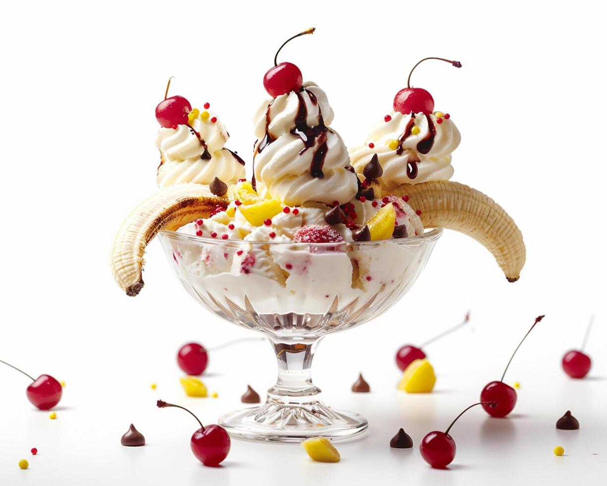 a glass bowl with a banana split photo