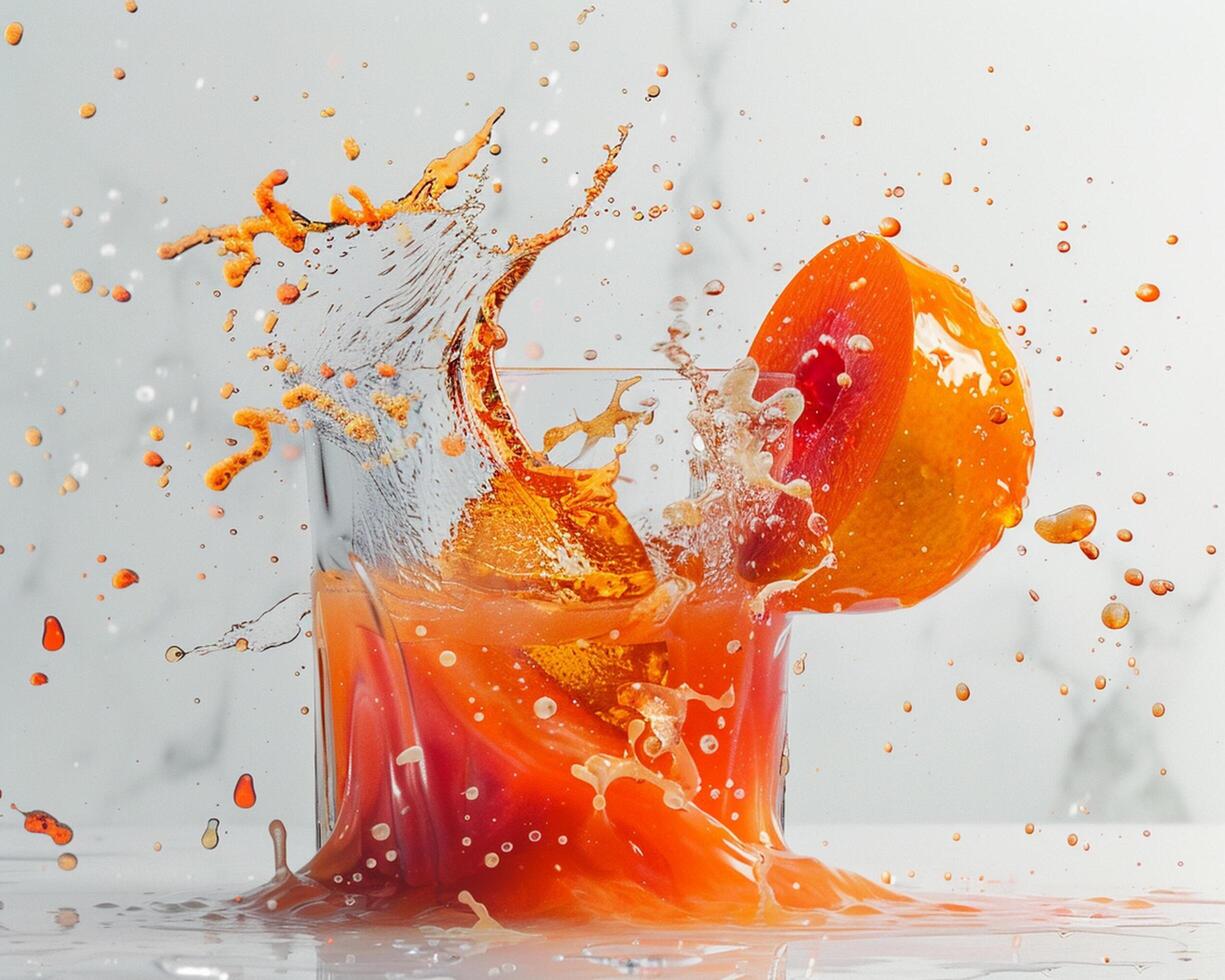 a glass of orange juice being splashed with water photo