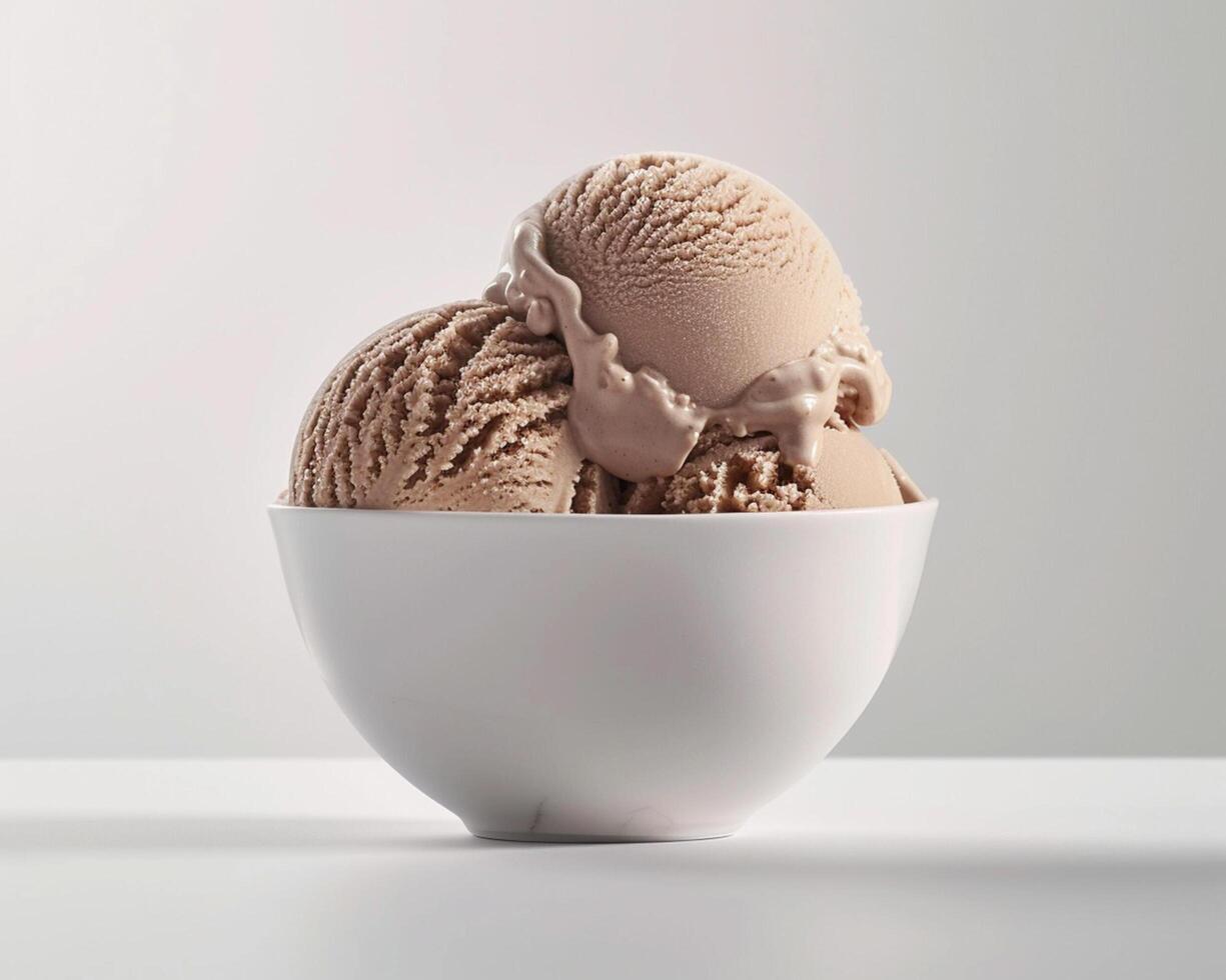 three scoops of ice cream in a white bowl photo