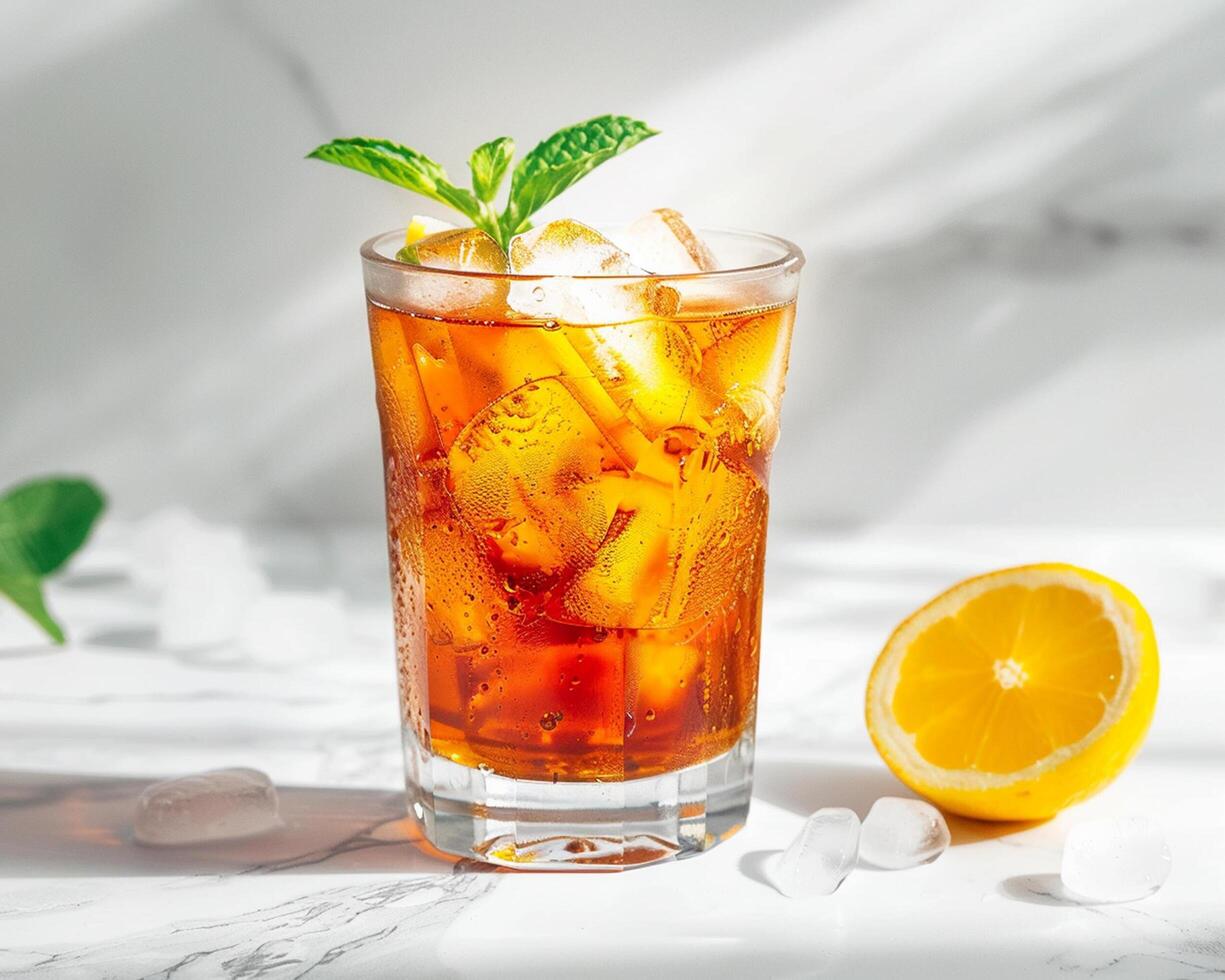 a glass of iced tea with ice and lemon photo