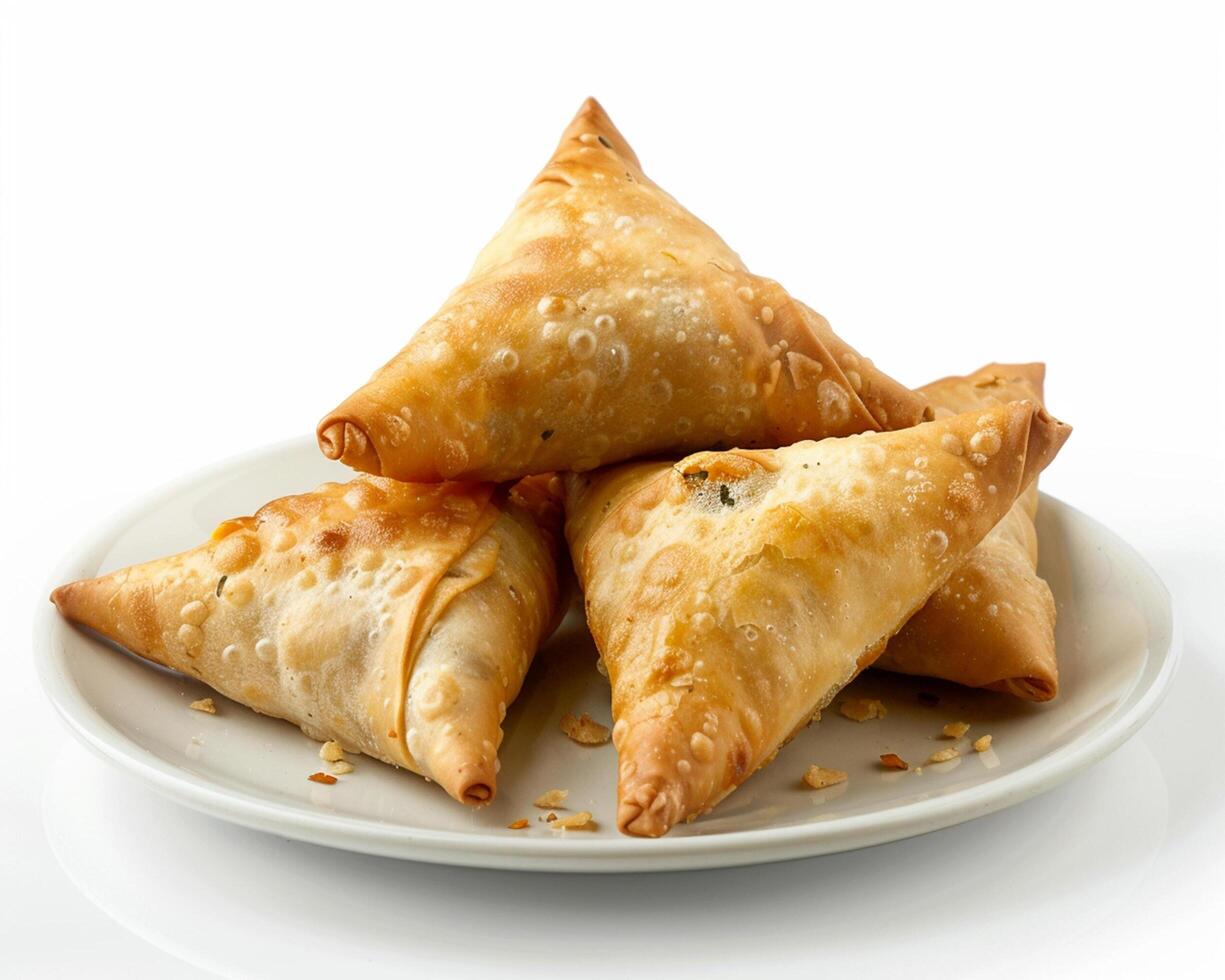 a plate of three triangles of food on a white background photo