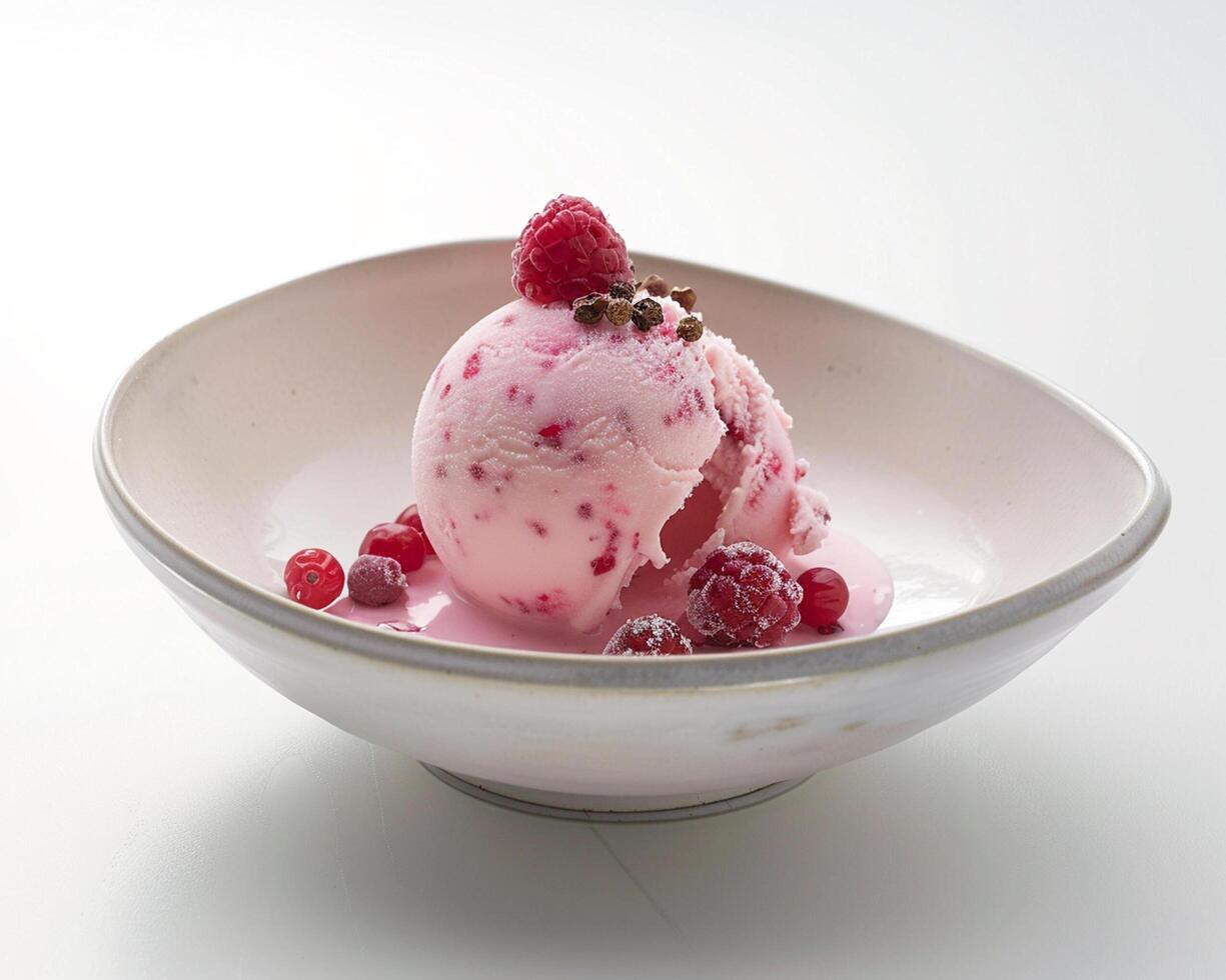 a bowl of ice cream with raspberries and chocolate chips photo