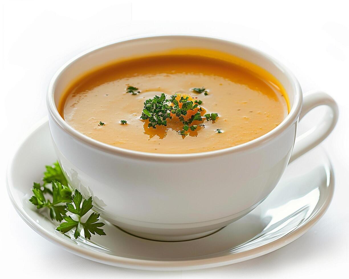 a white cup with soup on top photo