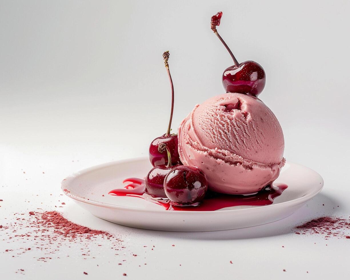 a plate with a scoop of ice cream and cherries photo