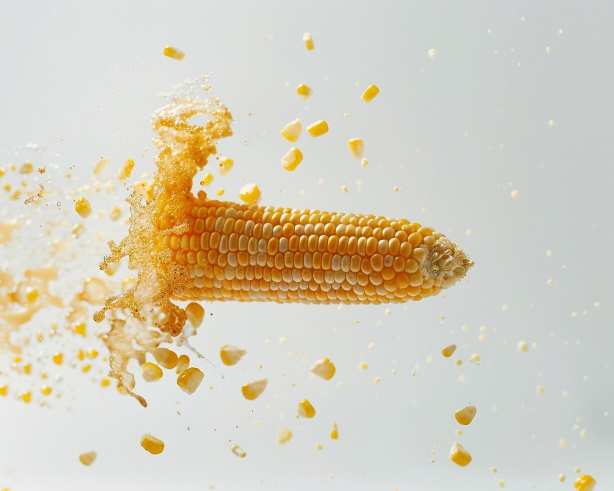 a corn on the cob is being splashed with water photo
