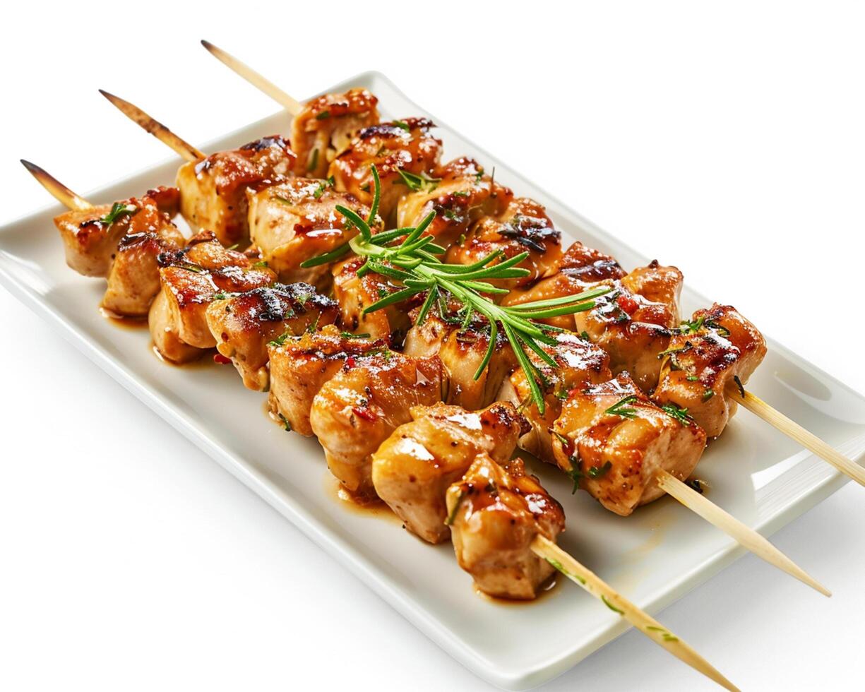 chicken skewers on a white plate photo