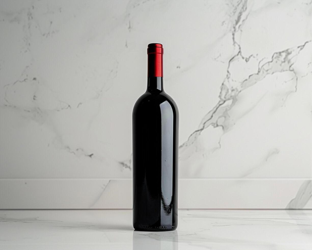 a bottle of red wine is sitting on a marble counter photo