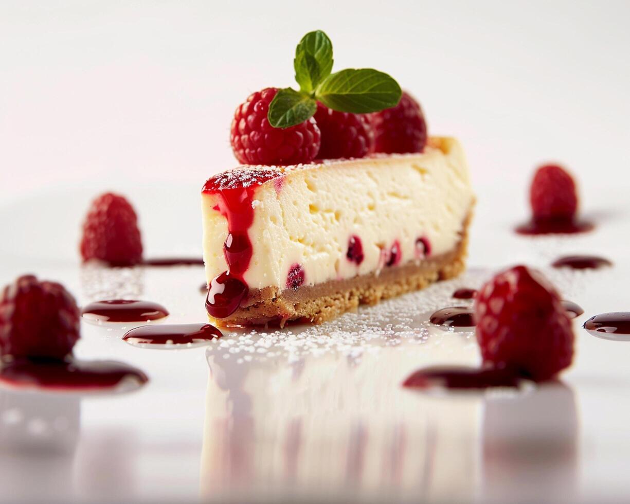 a piece of cheesecake with raspberry sauce and raspberries photo