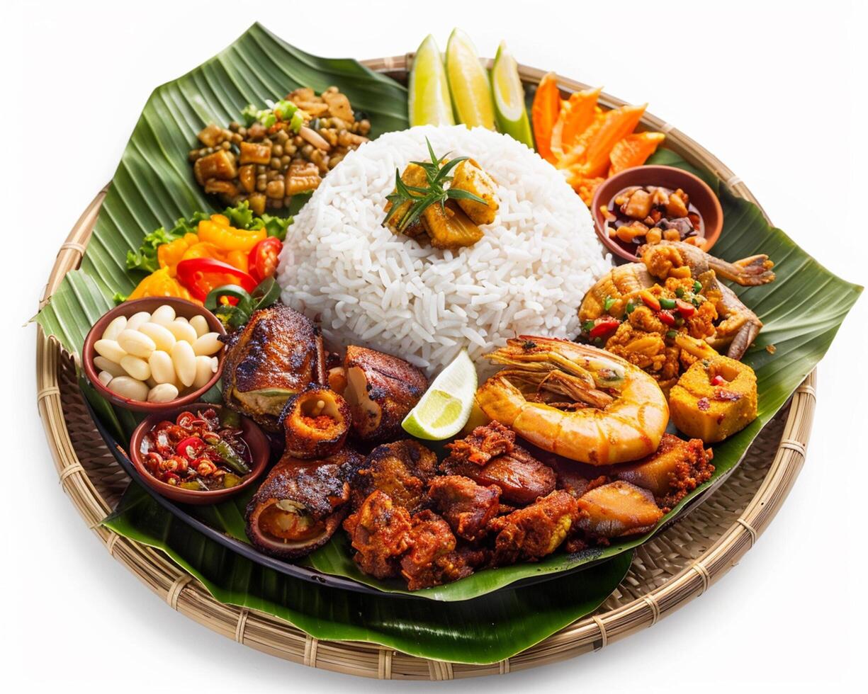 a plate of food with rice, meat, and vegetables photo