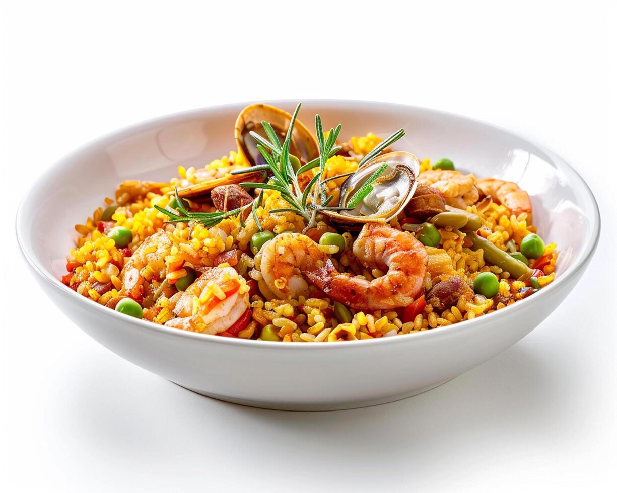a bowl of rice with shrimp, clams and vegetables photo