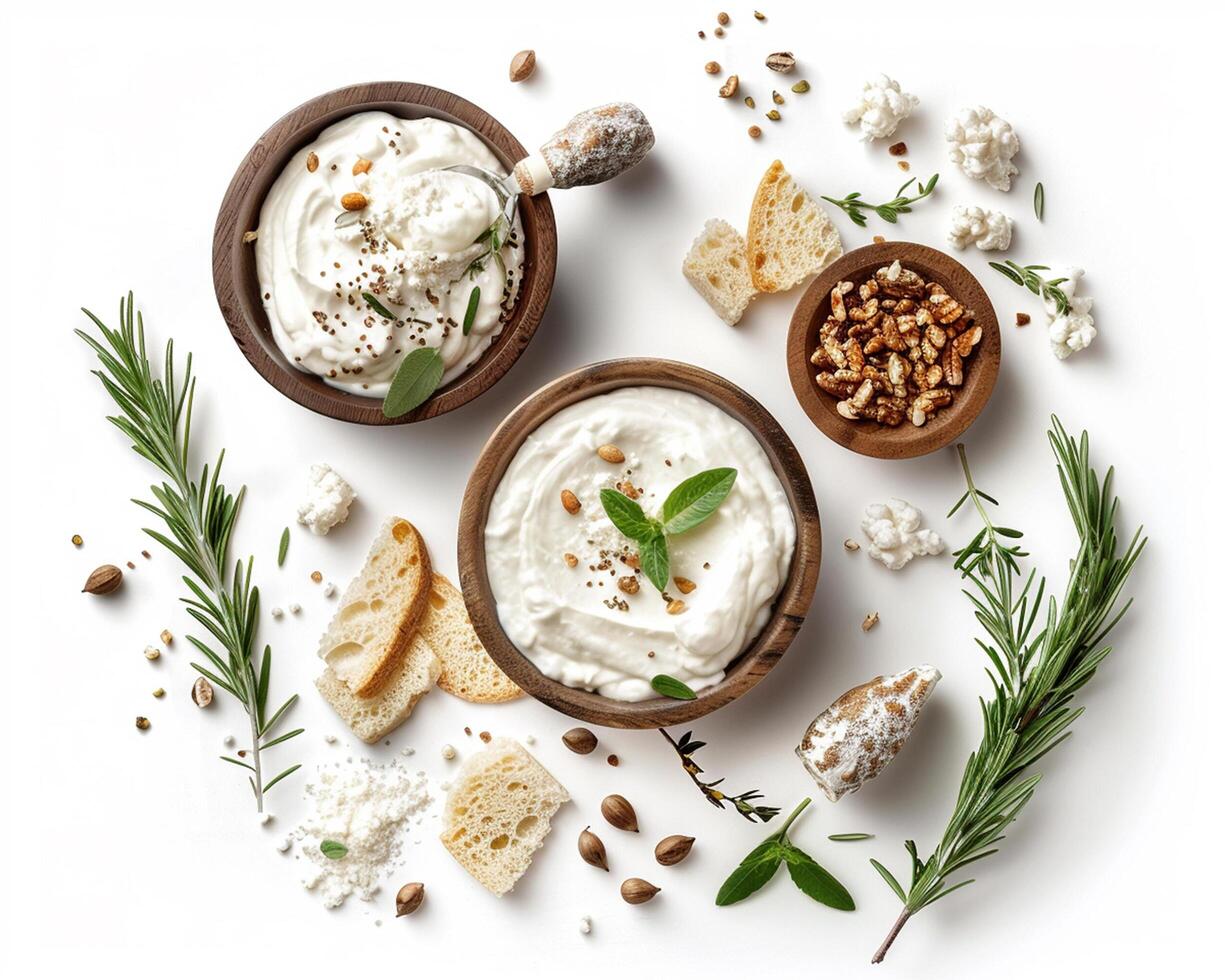 dip with crackers, herbs and cheese on white background photo