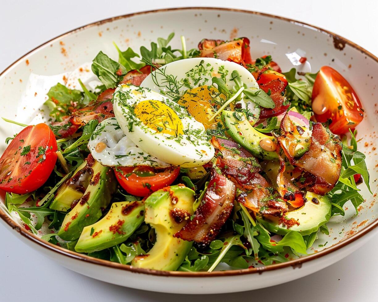 a salad with bacon, avocado, tomatoes and eggs photo