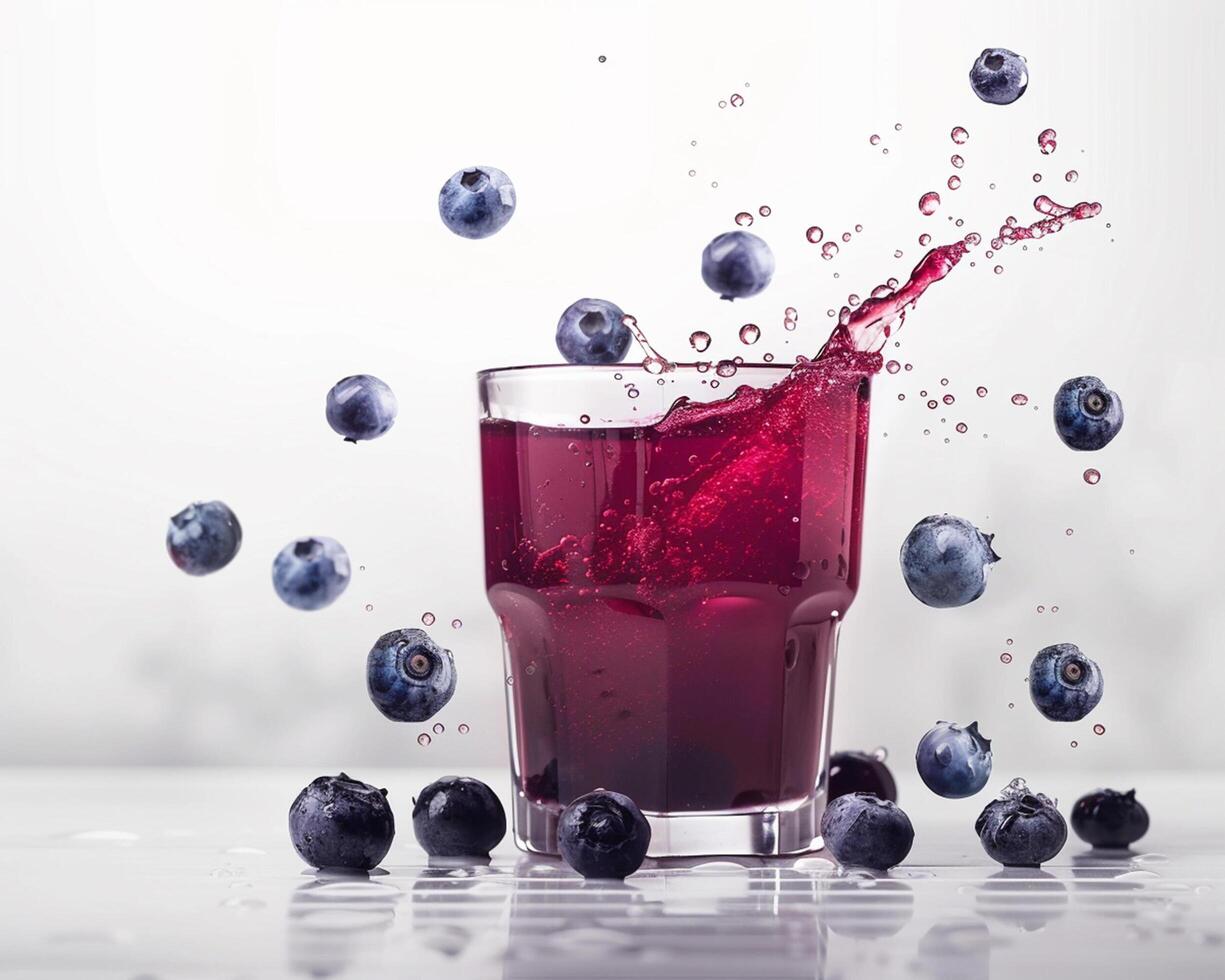 blueberry juice splash with blueberries on white background photo
