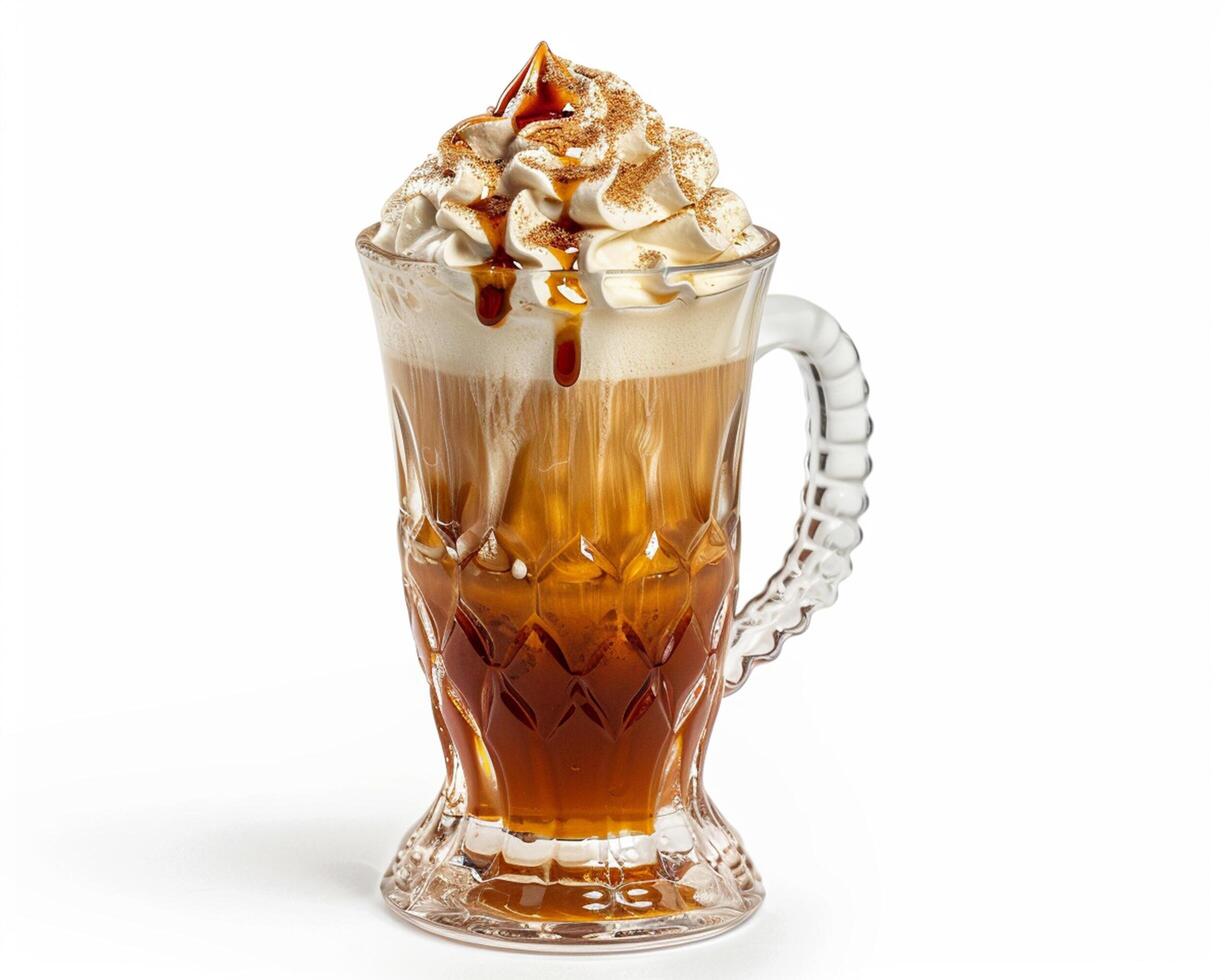 a glass of coffee with whipped cream and caramel photo