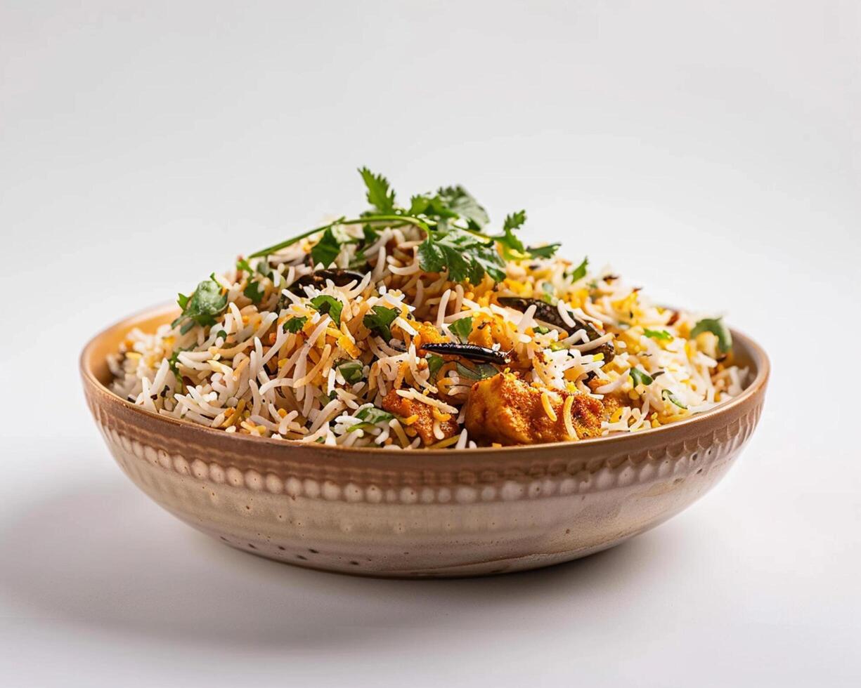 a bowl of rice with vegetables and herbs in it photo