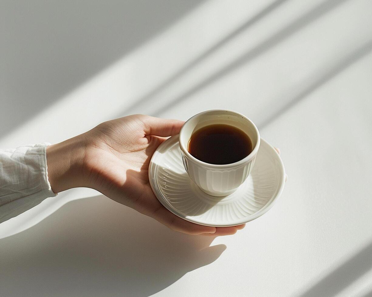 a person holding a cup of coffee on a white surface photo