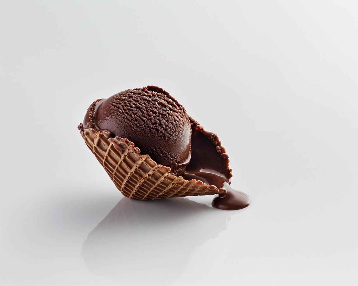a chocolate ice cream cone with a splatter of chocolate photo