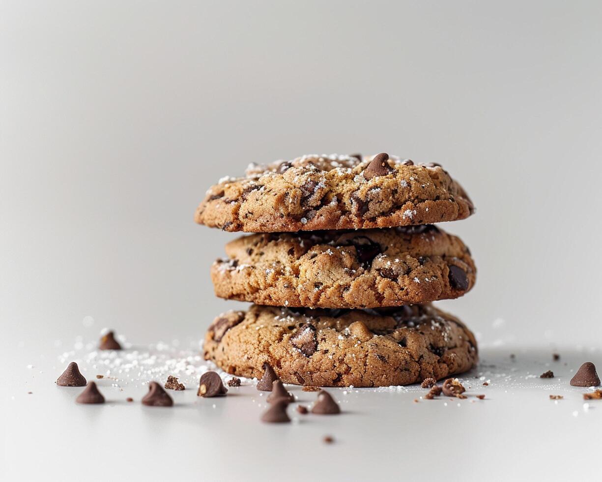 a stack of cookies with chocolate chips on top photo