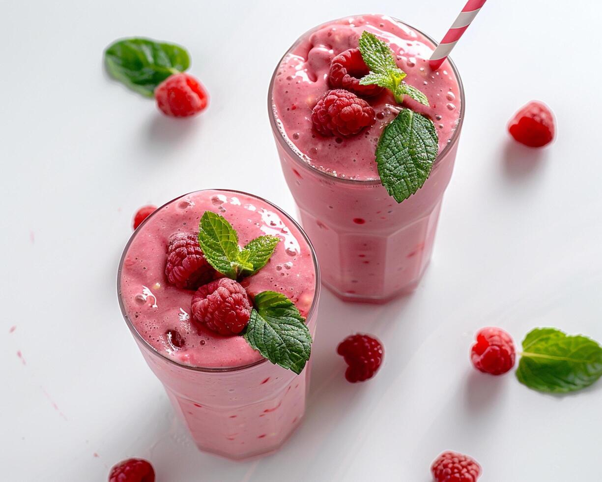 two glasses of raspberry smoothie with mint leaves photo
