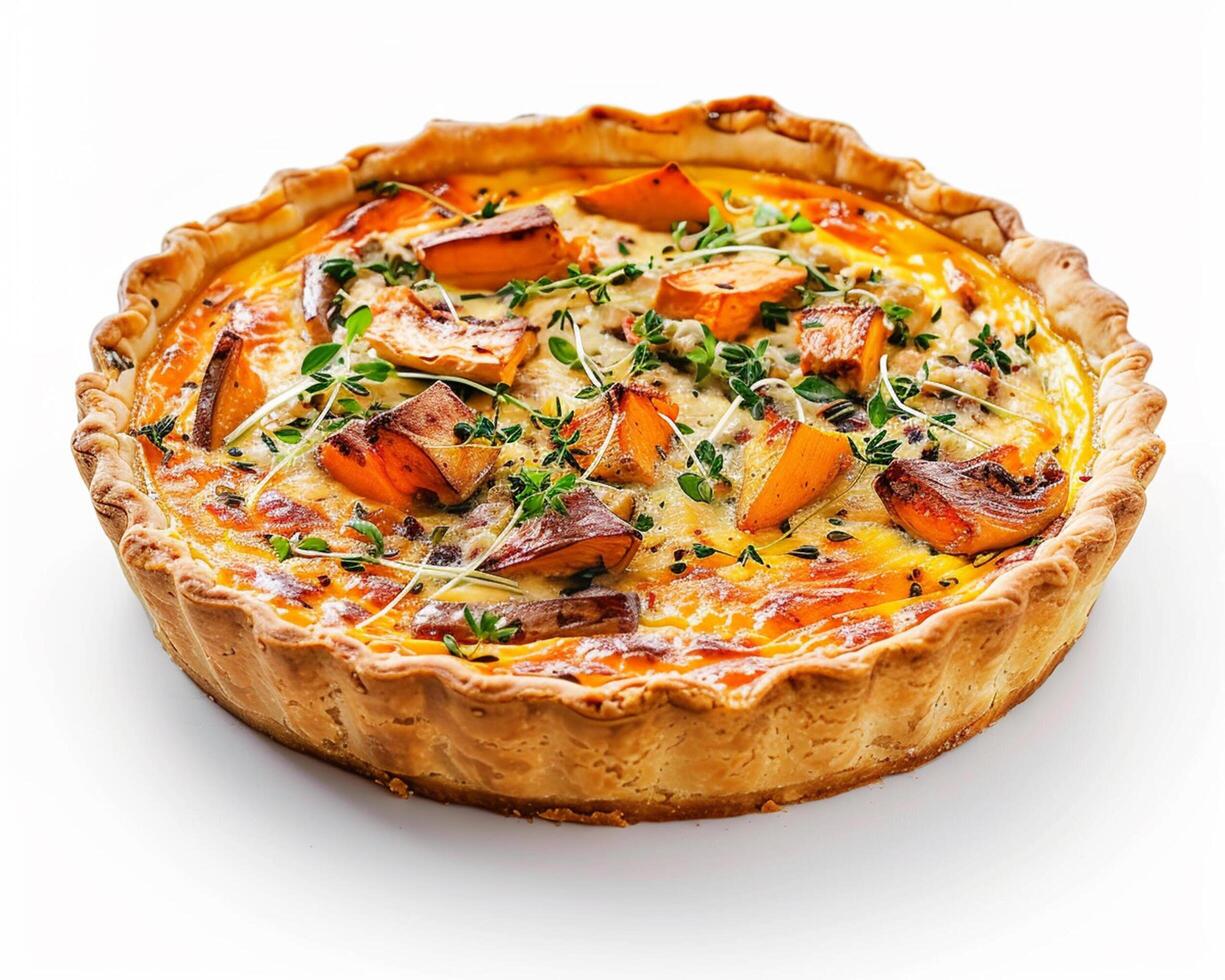 a quiche with vegetables on a white surface photo