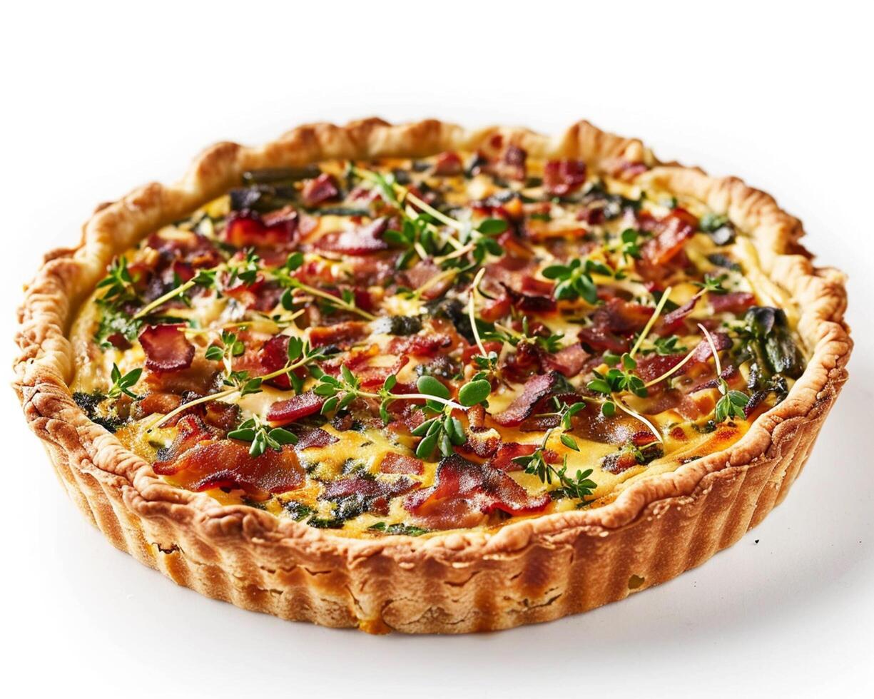 a quiche with bacon and spinach on top photo