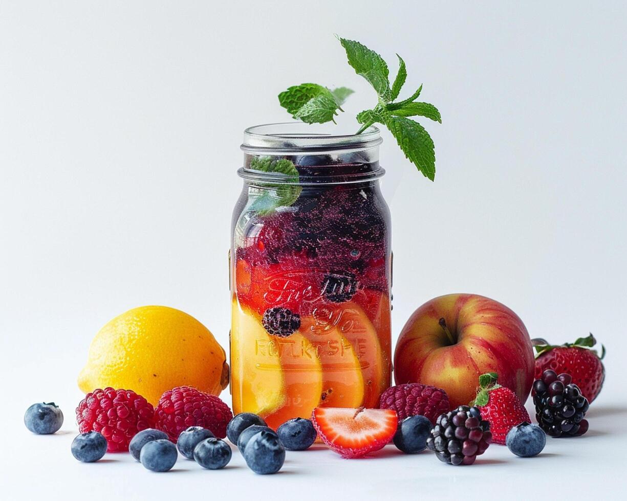 a jar filled with fruit and berries photo
