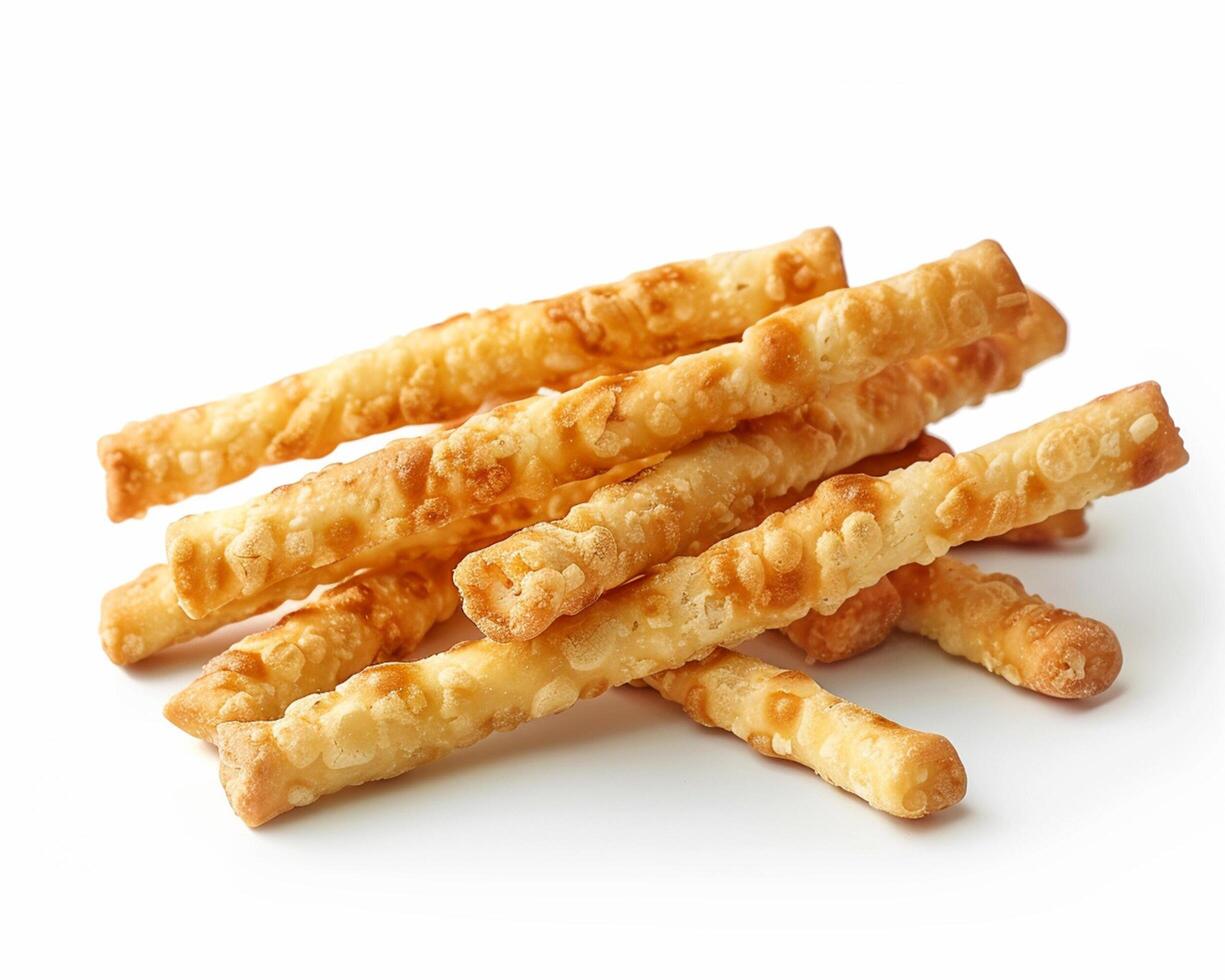 a pile of cheese sticks on a white background photo