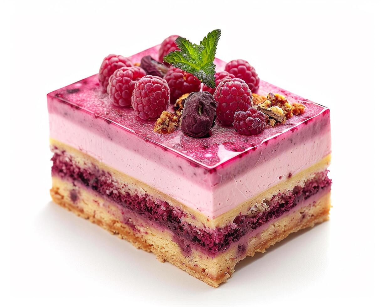a piece of cake with raspberries and nuts on top photo