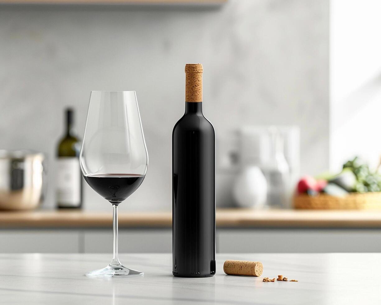 a bottle of wine and a glass sitting on a counter photo