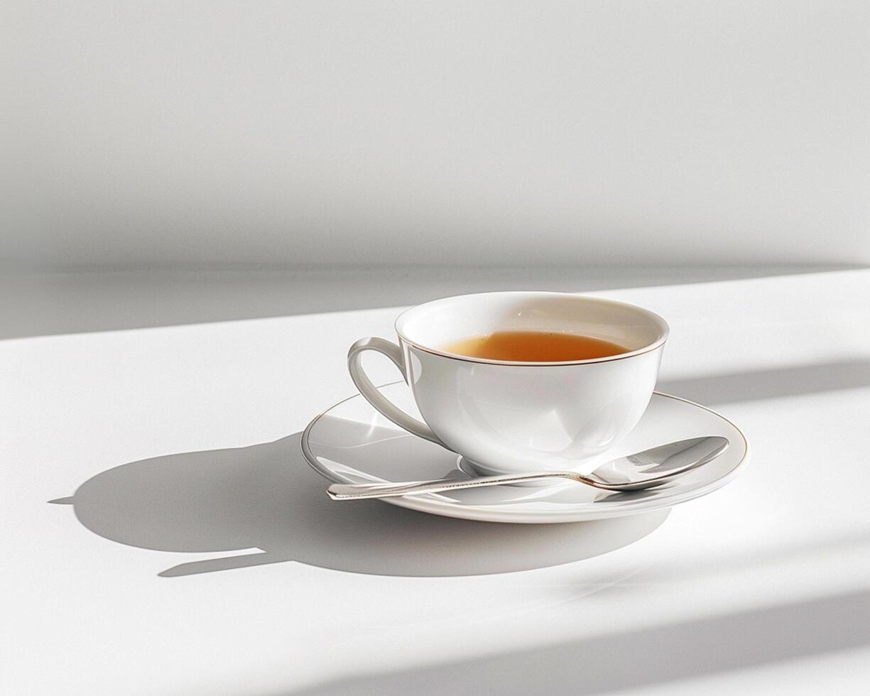a cup of tea sits on a white table photo