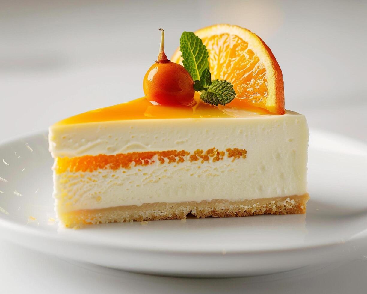 a slice of cheesecake on a white plate photo