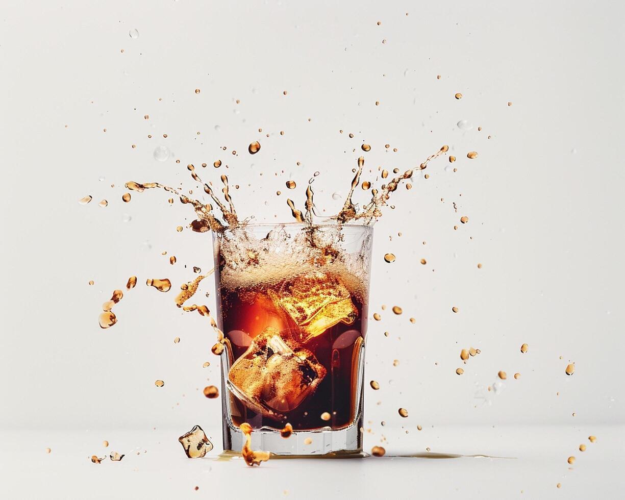 a glass of cola with ice cubes and splash photo
