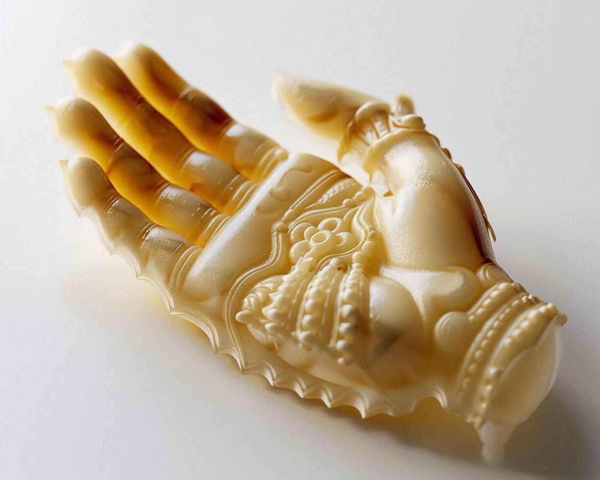 a white hand with a gold design on it photo