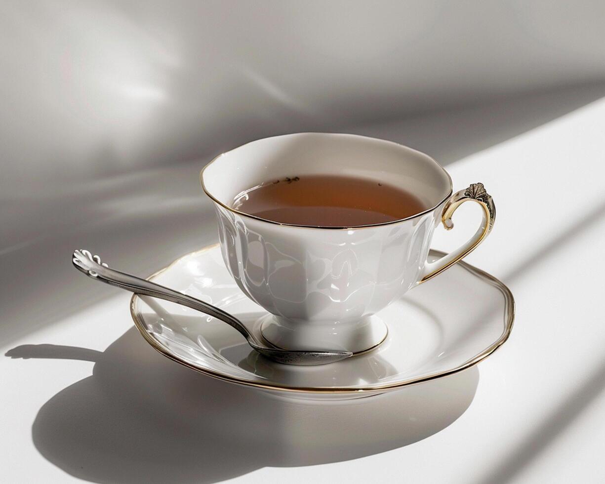 a cup of tea sits on a saucer photo