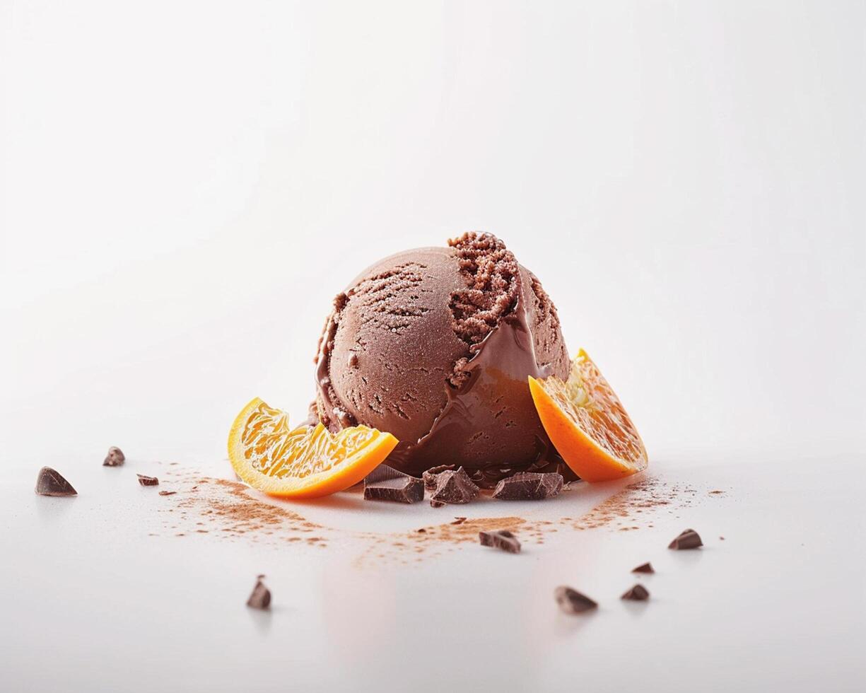 a scoop of ice cream with chocolate chips and orange slices photo