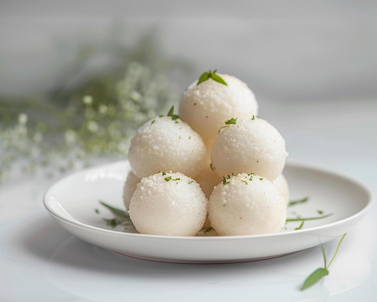 a plate of white balls with herbs on top photo