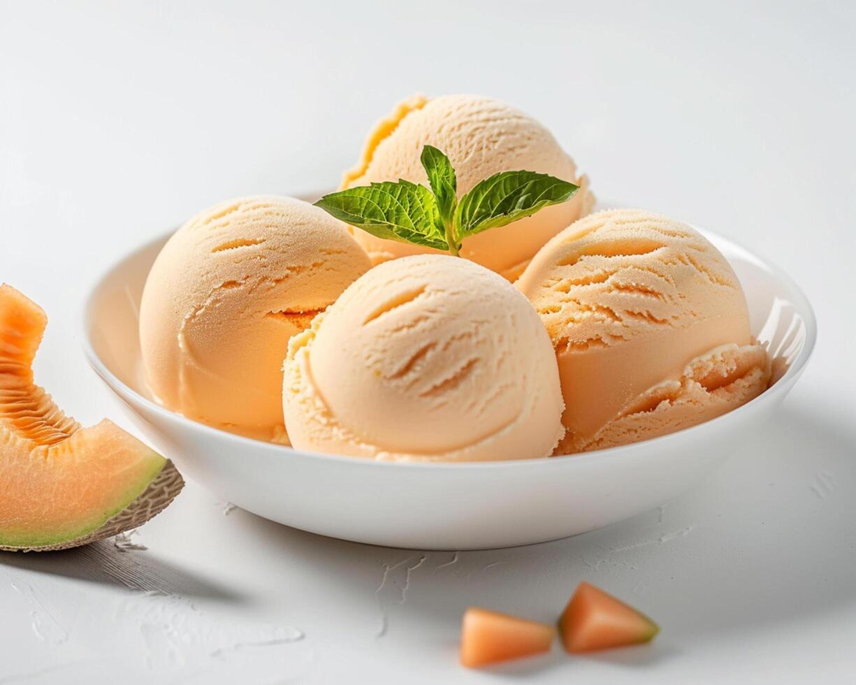 a bowl of ice cream with melon slices photo