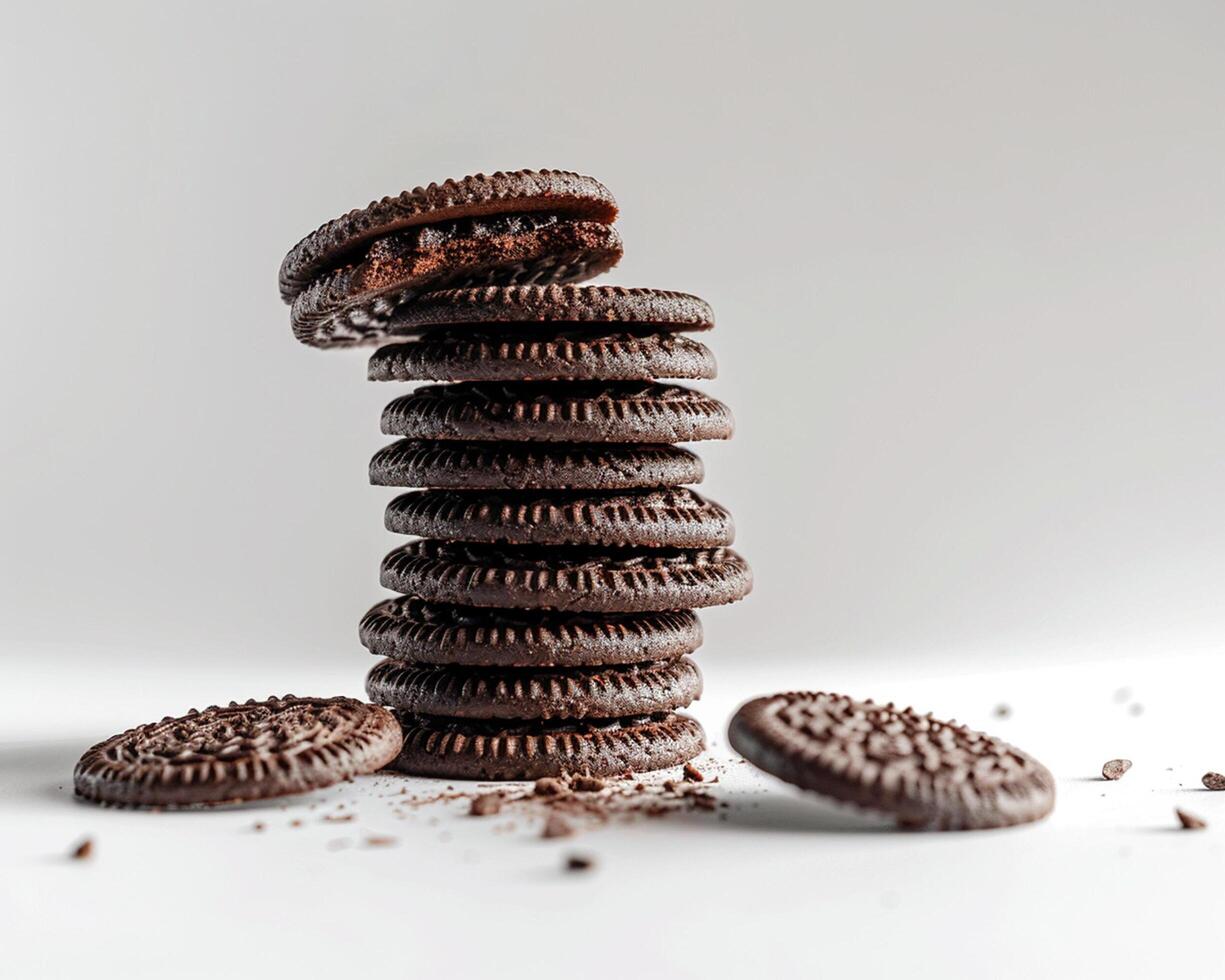 a stack of chocolate cookies with one half eaten photo