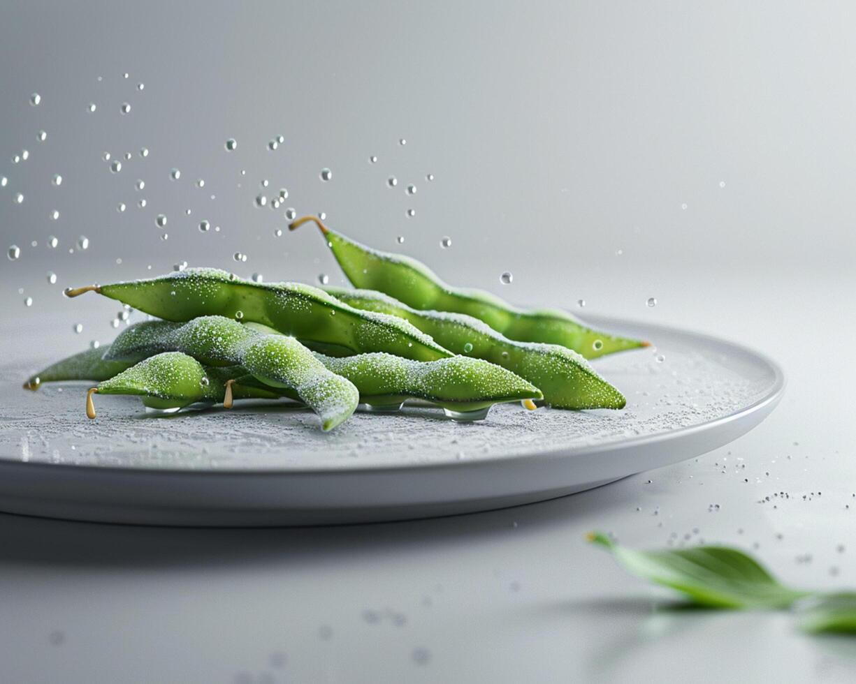 a plate with green beans and water droplets photo