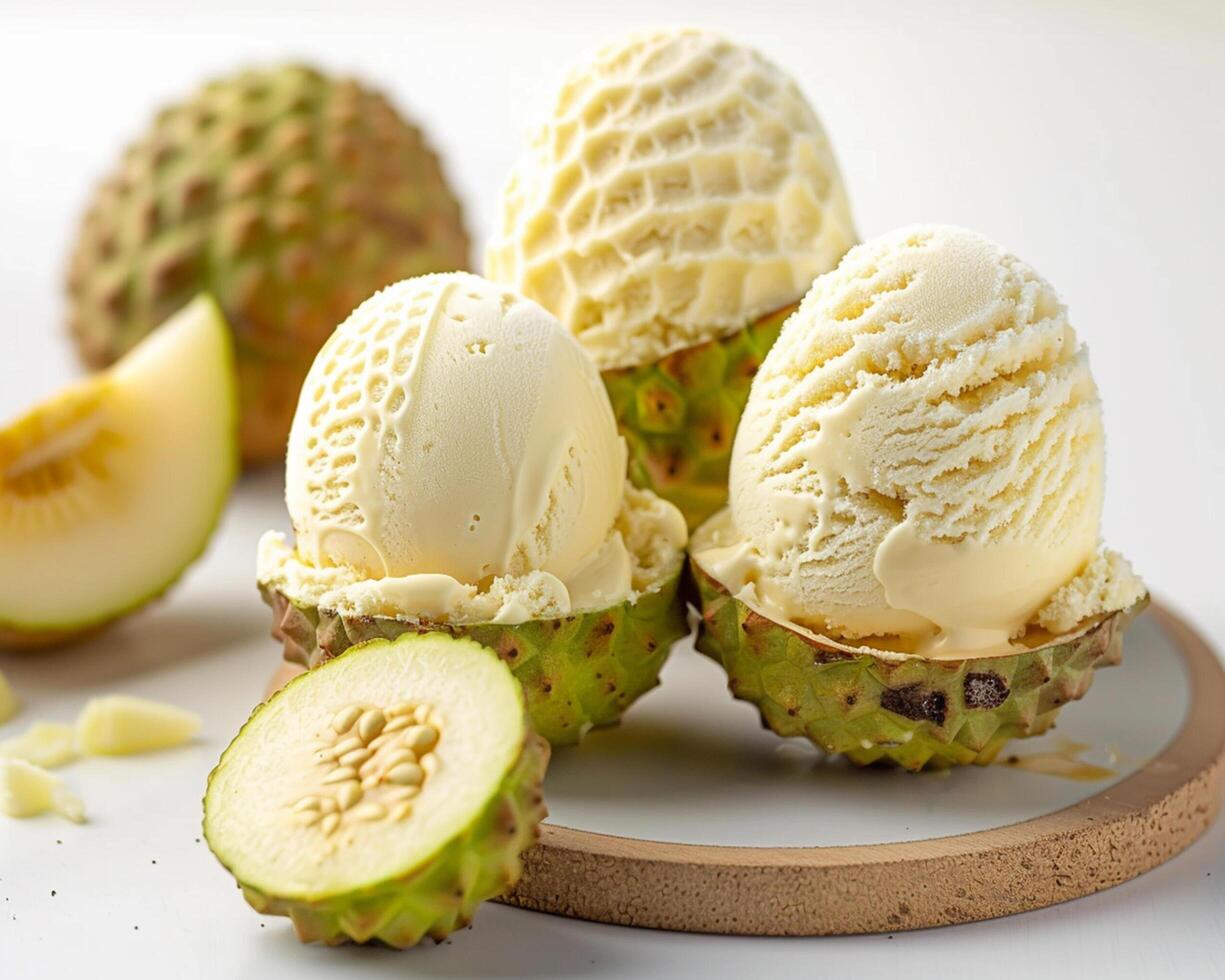 a close up of a fruit with ice cream photo