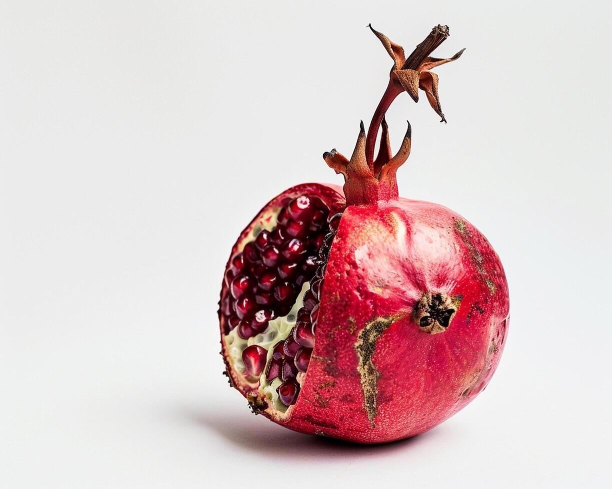a pomegranate is cut in half on a white background photo