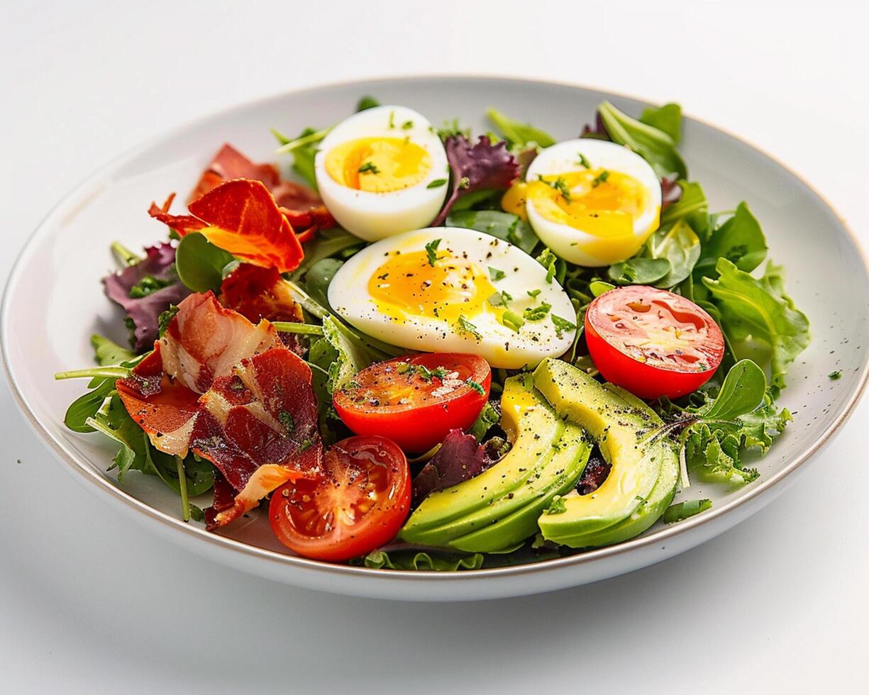 a plate of food with an egg, bacon, and tomatoes photo