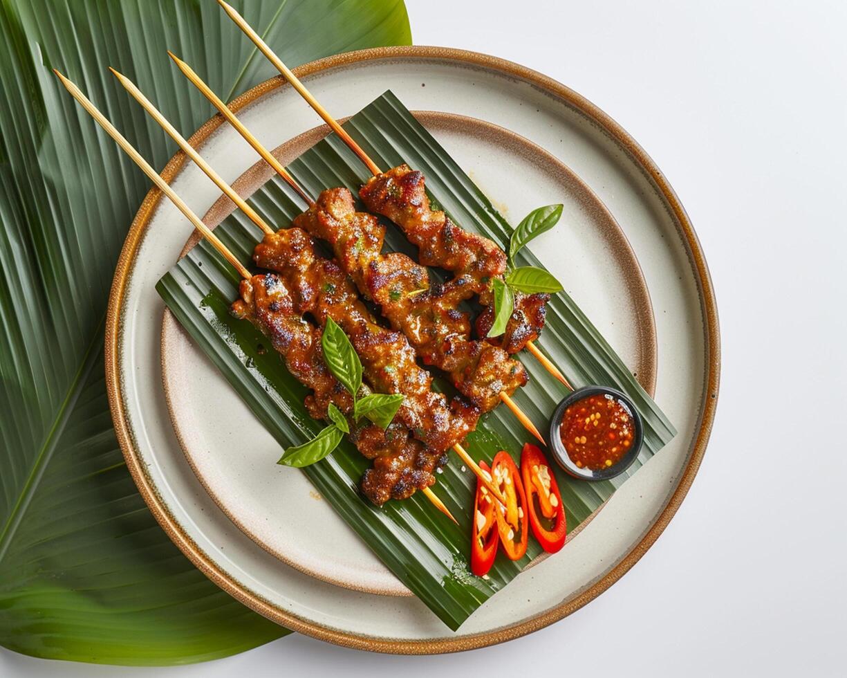 a plate with skewers and sauce on it photo