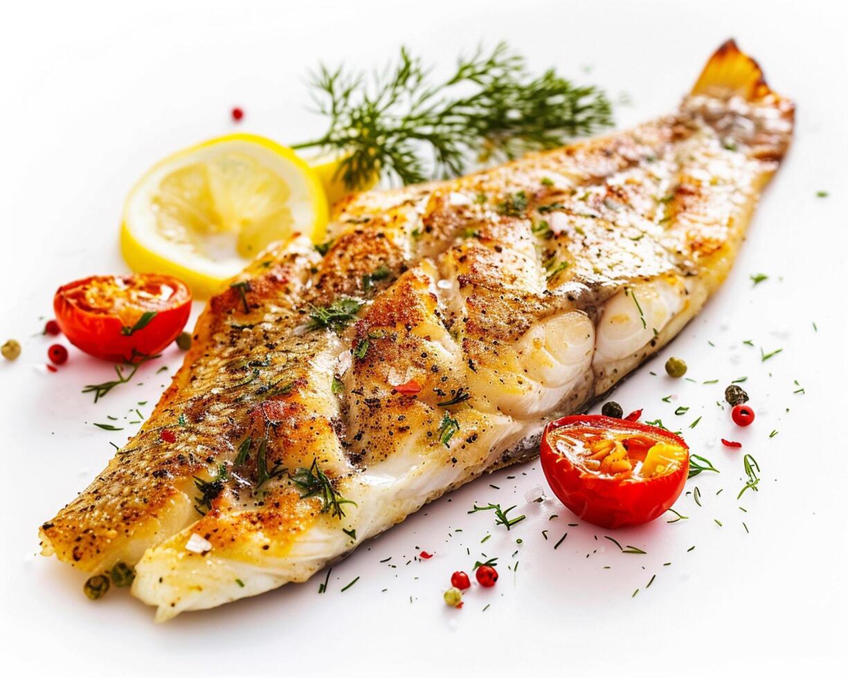 grilled fish with lemon and herbs on white background photo